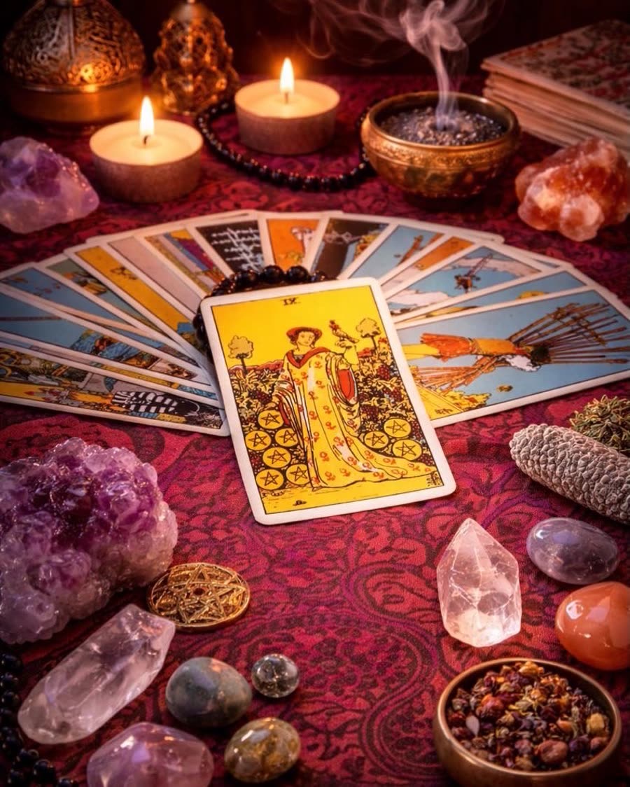 Mesa de leitura com as cartas de tarot abertas em leque sobre pano vermelho, velas acesas, cristais, defumador e búzios